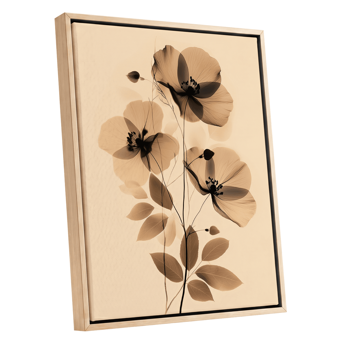 Sepia Petal Reverie, black, beige, brown floral wall art shown as a oak framed canvas wall art