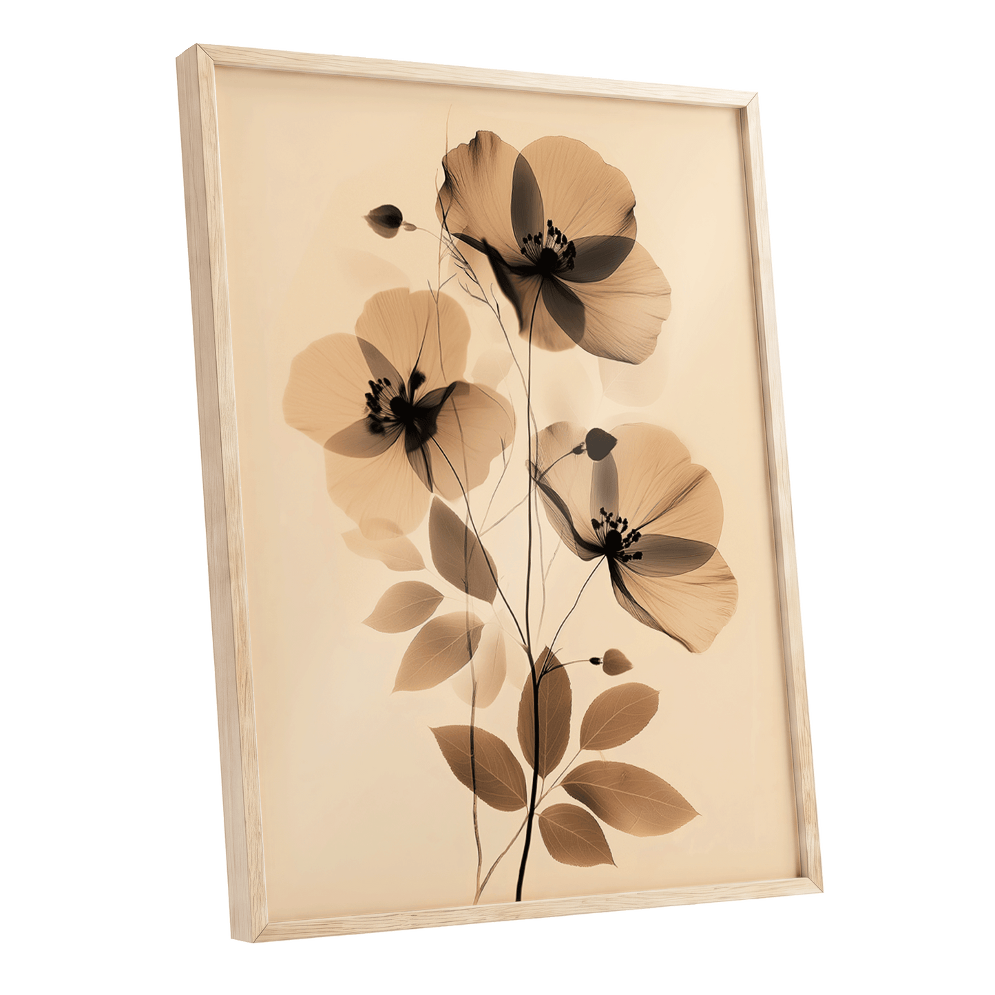 Sepia Petal Reverie, black, beige, brown floral wall art shown as a oak framed poster wall art print