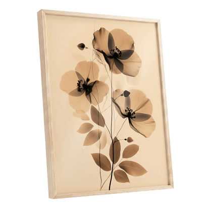 Sepia Petal Reverie, black, beige, brown floral wall art shown as a oak framed poster wall art print