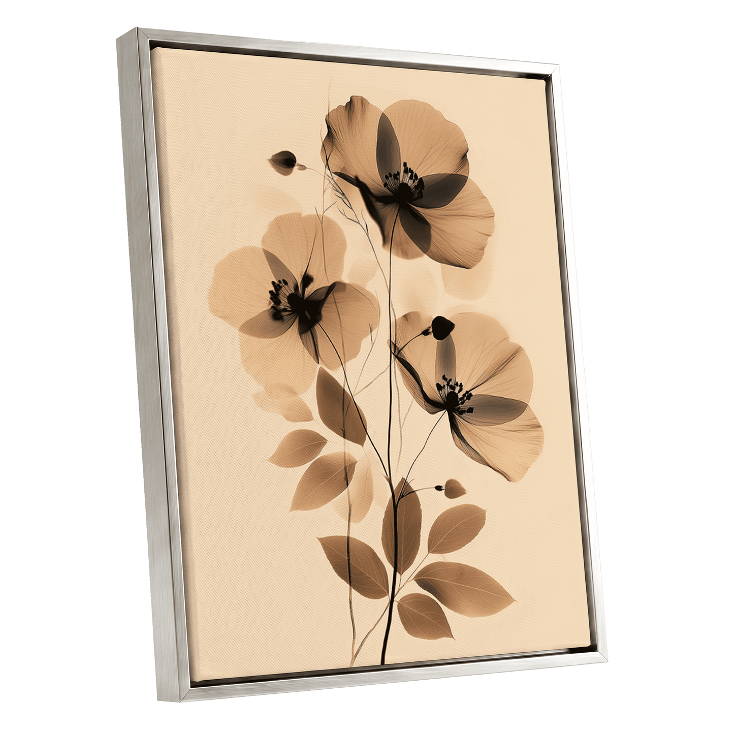 Sepia Petal Reverie, black, beige, brown floral wall art shown as a silver framed canvas wall art