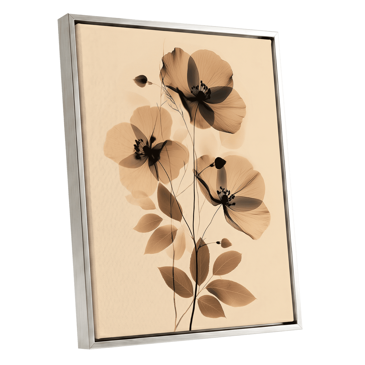 Sepia Petal Reverie, black, beige, brown floral wall art shown as a silver framed canvas wall art