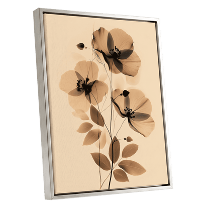 Sepia Petal Reverie, black, beige, brown floral wall art shown as a silver framed canvas wall art