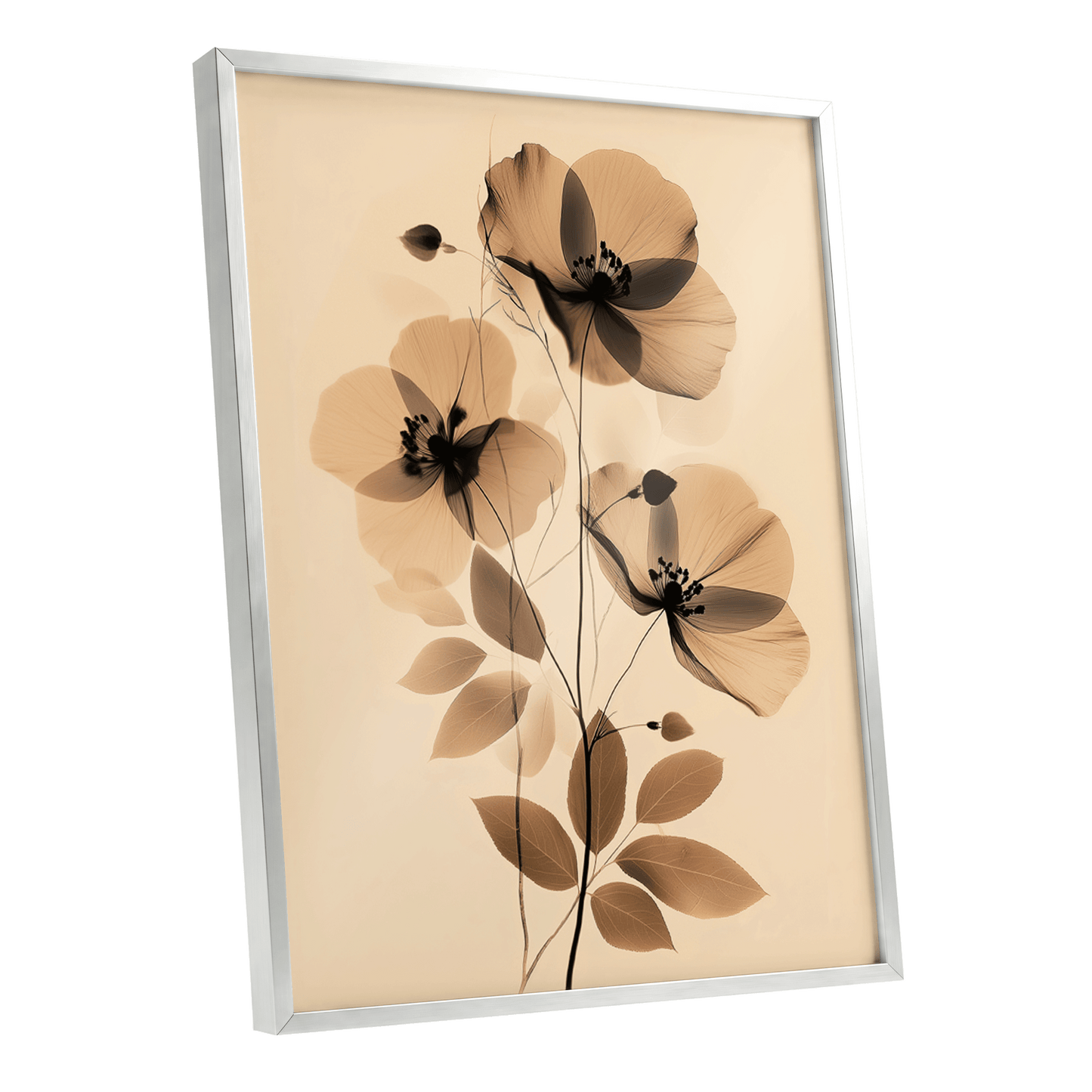 Sepia Petal Reverie, black, beige, brown floral wall art shown as a silver framed poster wall art print
