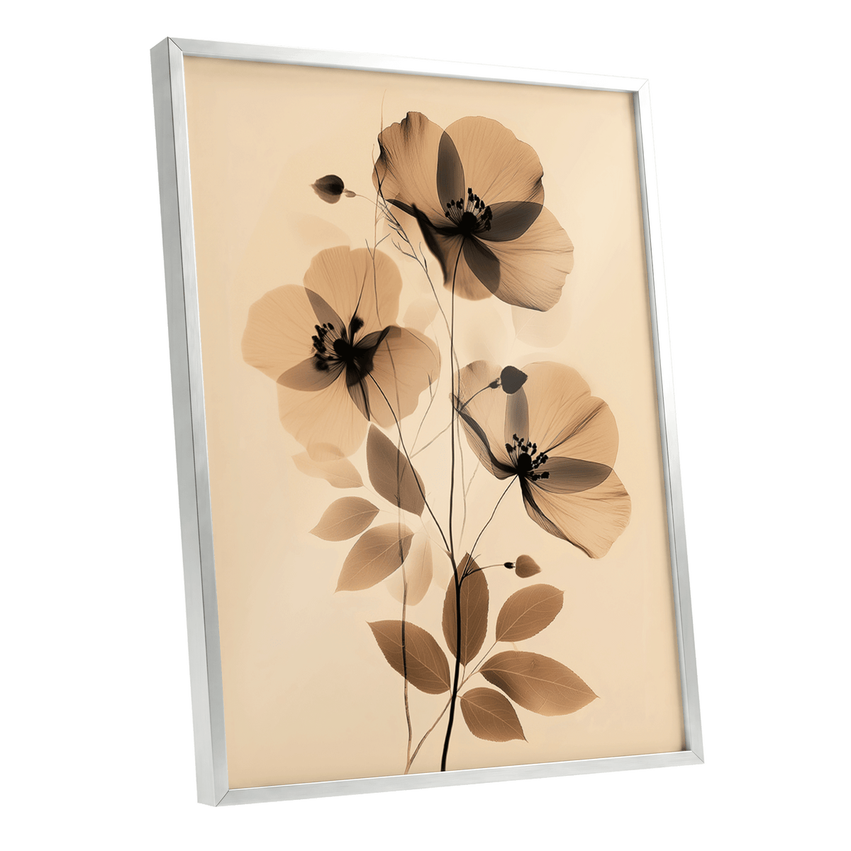 Sepia Petal Reverie, black, beige, brown floral wall art shown as a silver framed poster wall art print