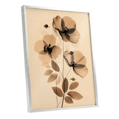 Sepia Petal Reverie, black, beige, brown floral wall art shown as a silver framed poster wall art print