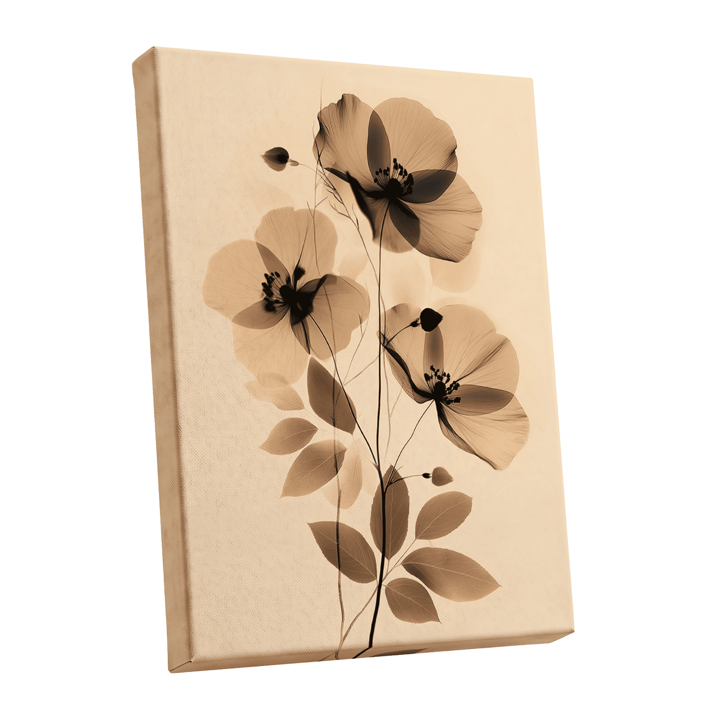 Sepia Petal Reverie, black, beige, brown floral wall art shown as a stretched canvas wall art