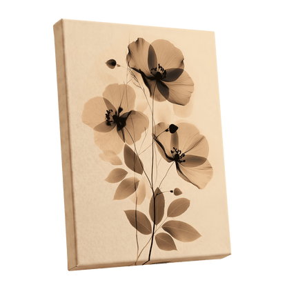 Sepia Petal Reverie, black, beige, brown floral wall art shown as a stretched canvas wall art