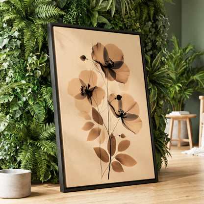 Sepia Petal Reverie, black, beige, brown floral wall art displayed in a styled interior, gallery view 1