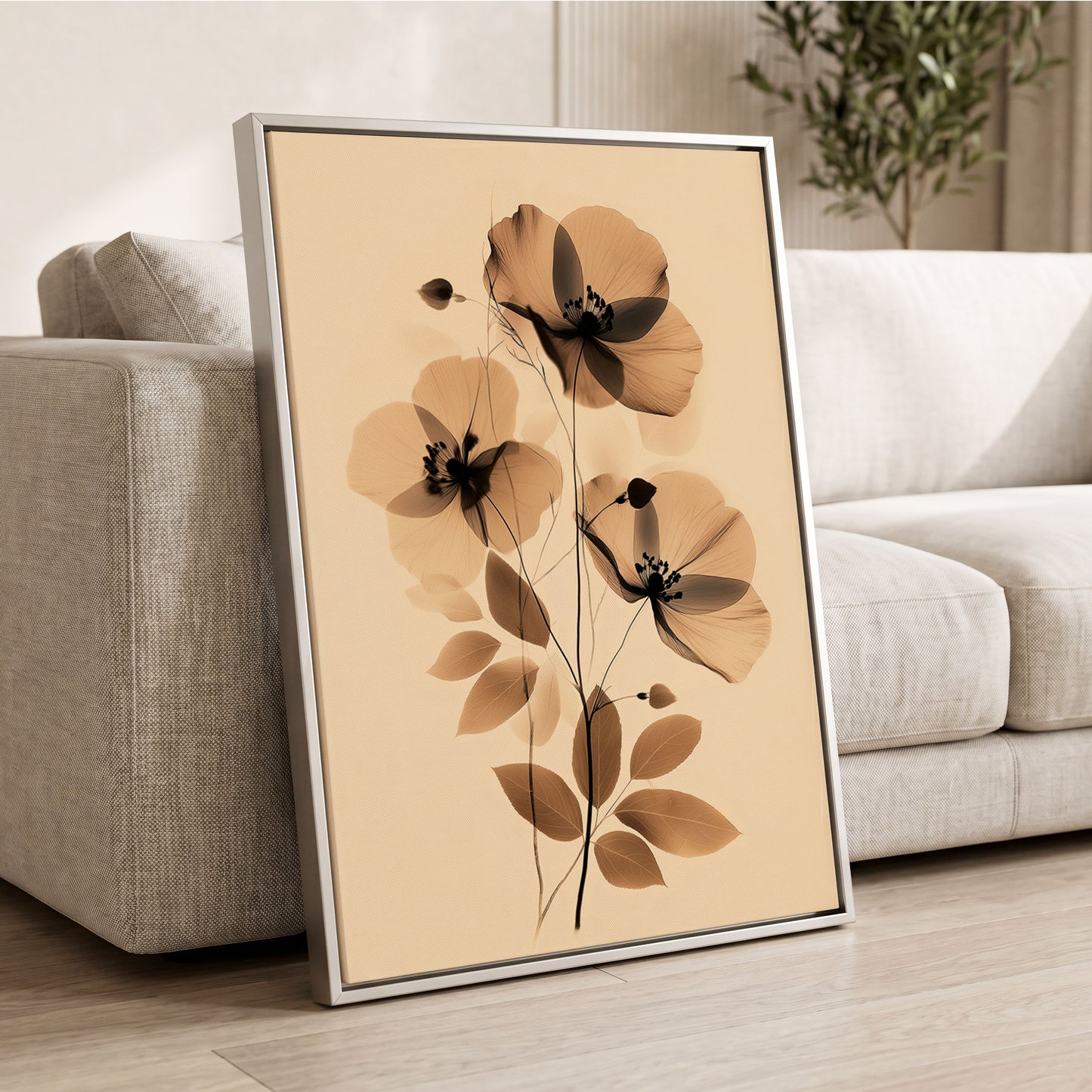 Sepia Petal Reverie, black, beige, brown floral wall art displayed in a styled interior, gallery view 2