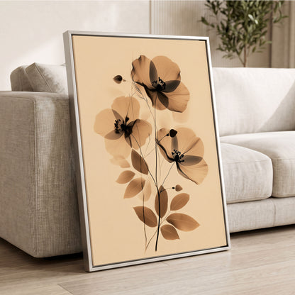 Sepia Petal Reverie, black, beige, brown floral wall art displayed in a styled interior, gallery view 2