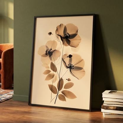 Sepia Petal Reverie, black, beige, brown floral wall art displayed in a styled interior, gallery view 4