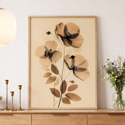 Sepia Petal Reverie, black, beige, brown floral wall art displayed in a styled interior, gallery view 5