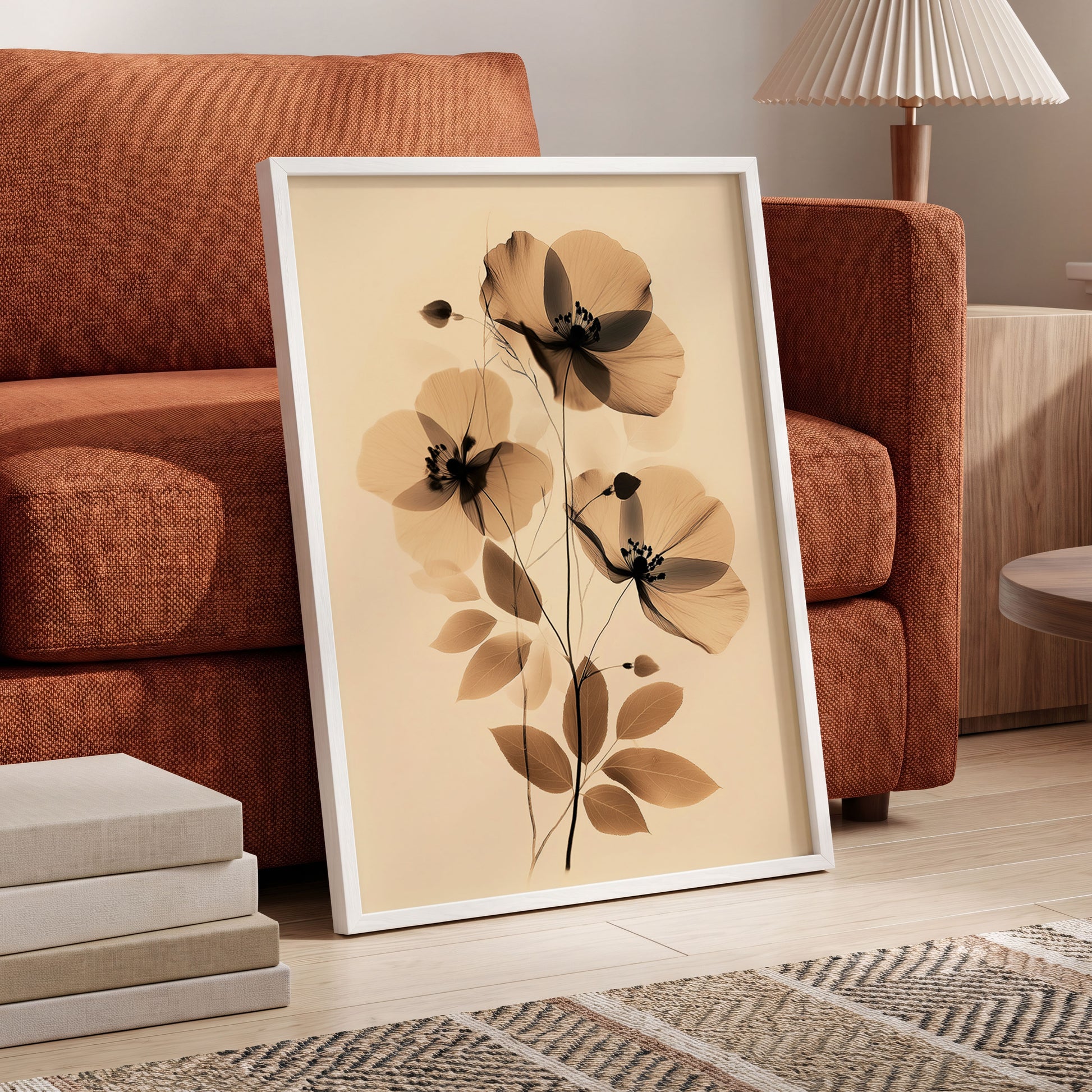 Sepia Petal Reverie, black, beige, brown floral wall art displayed in a styled interior, gallery view 6