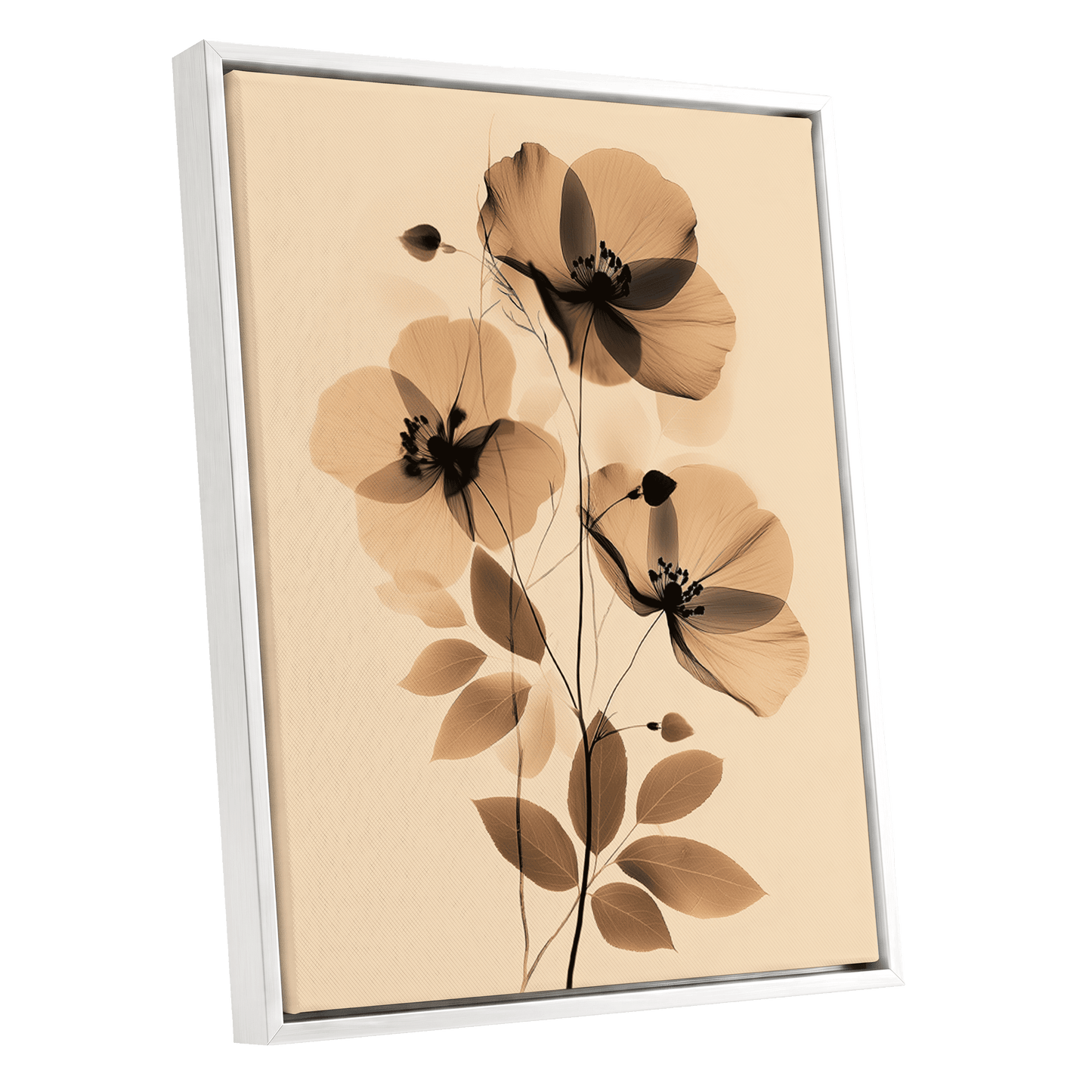 Sepia Petal Reverie, black, beige, brown floral wall art shown as a white framed canvas wall art