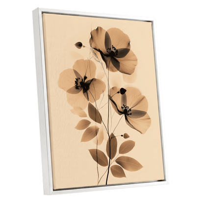 Sepia Petal Reverie, black, beige, brown floral wall art shown as a white framed canvas wall art