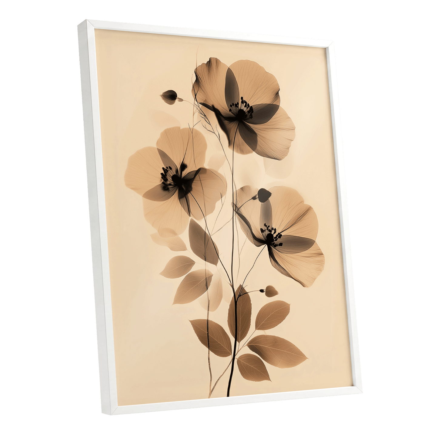 Sepia Petal Reverie, black, beige, brown floral wall art shown as a white framed poster wall art print