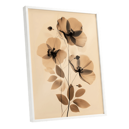 Sepia Petal Reverie, black, beige, brown floral wall art shown as a white framed poster wall art print