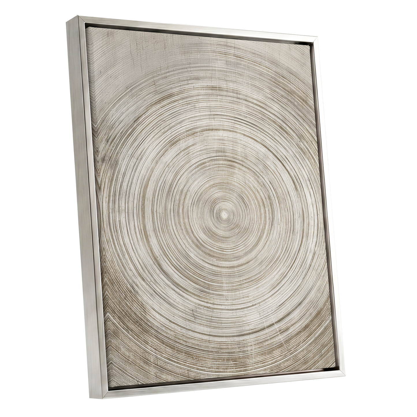 Sepia Pulse, beige, brown, white minimalist wall art shown as a silver framed canvas wall art