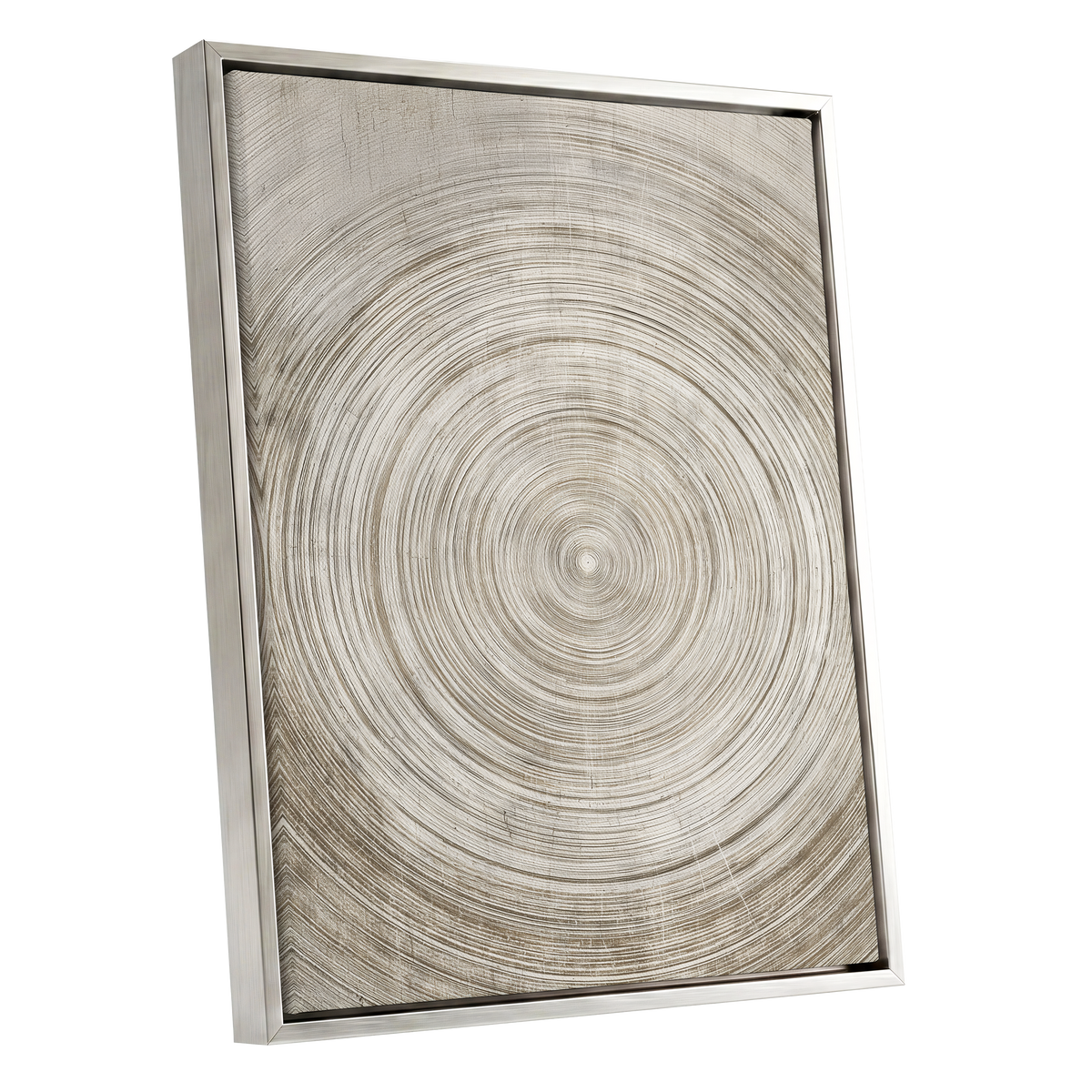 Sepia Pulse, beige, brown, white minimalist wall art shown as a silver framed canvas wall art