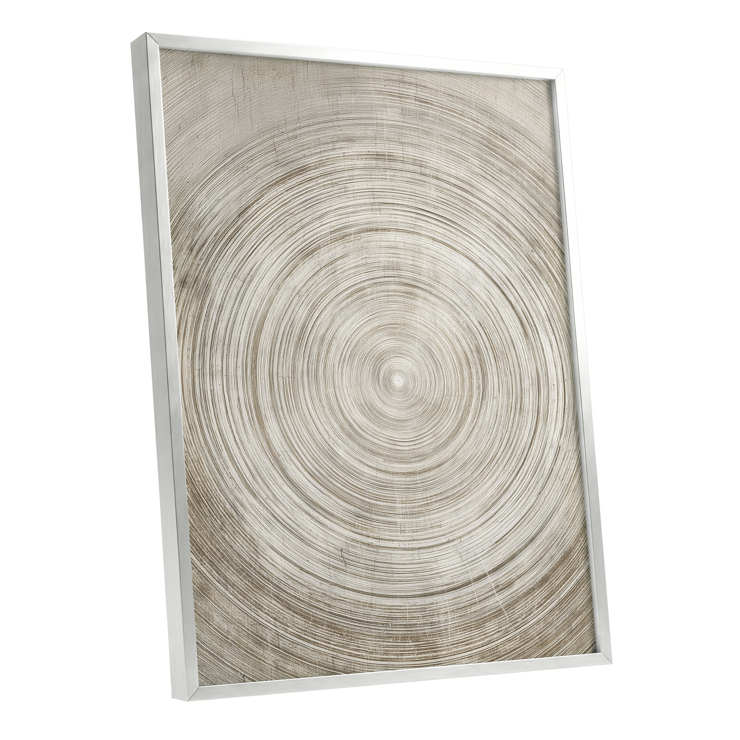 Sepia Pulse, beige, brown, white minimalist wall art shown as a silver framed poster wall art print