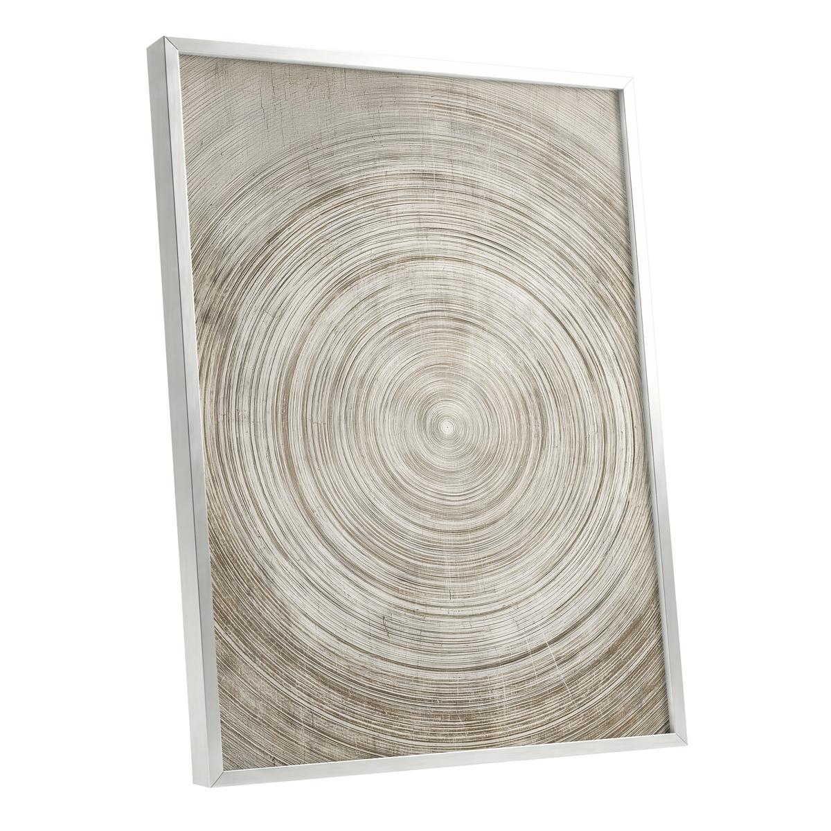 Sepia Pulse, beige, brown, white minimalist wall art shown as a silver framed poster wall art print