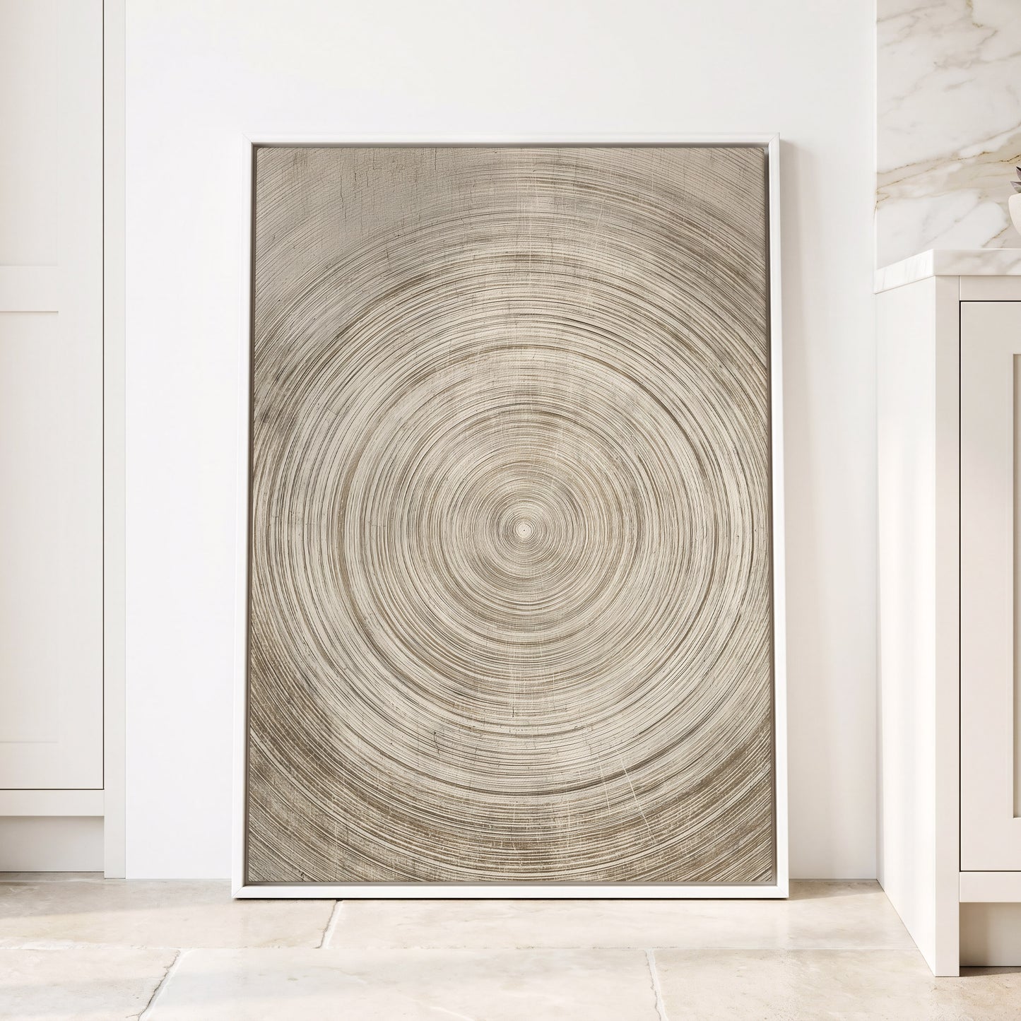 Sepia Pulse, beige, brown, white minimalist wall art displayed in a styled interior, gallery view 4