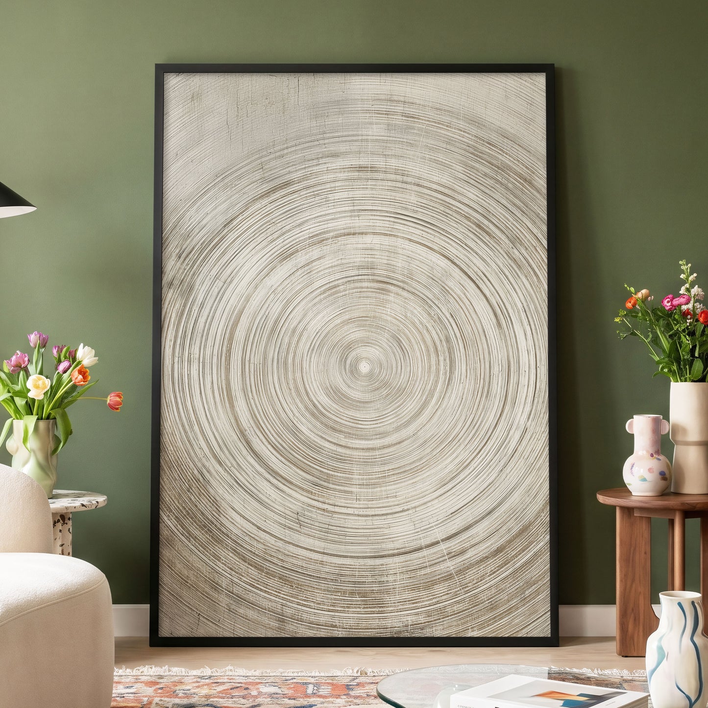 Sepia Pulse, beige, brown, white minimalist wall art displayed in a styled interior, gallery view 6