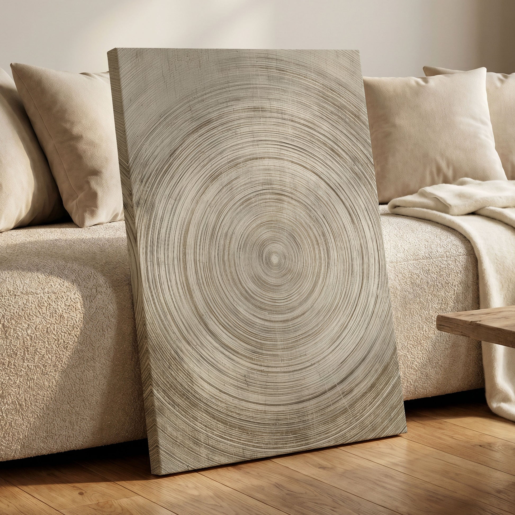 Sepia Pulse, beige, brown, white minimalist wall art displayed in a styled interior, gallery view 7