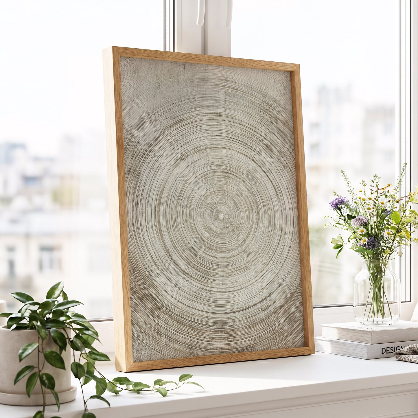 Sepia Pulse, beige, brown, white minimalist wall art displayed in a styled interior, gallery view 9