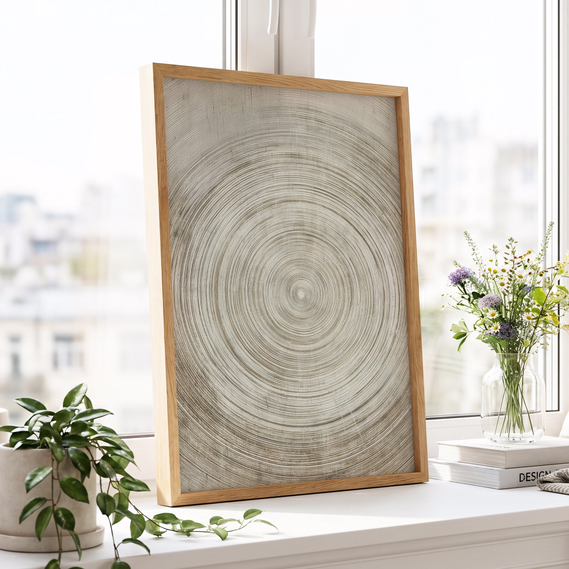 Sepia Pulse, beige, brown, white minimalist wall art displayed in a styled interior, gallery view 9