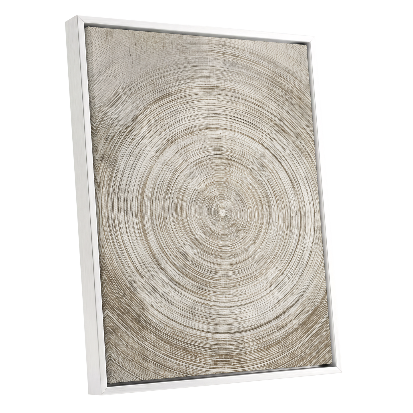Sepia Pulse, beige, brown, white minimalist wall art shown as a white framed canvas wall art