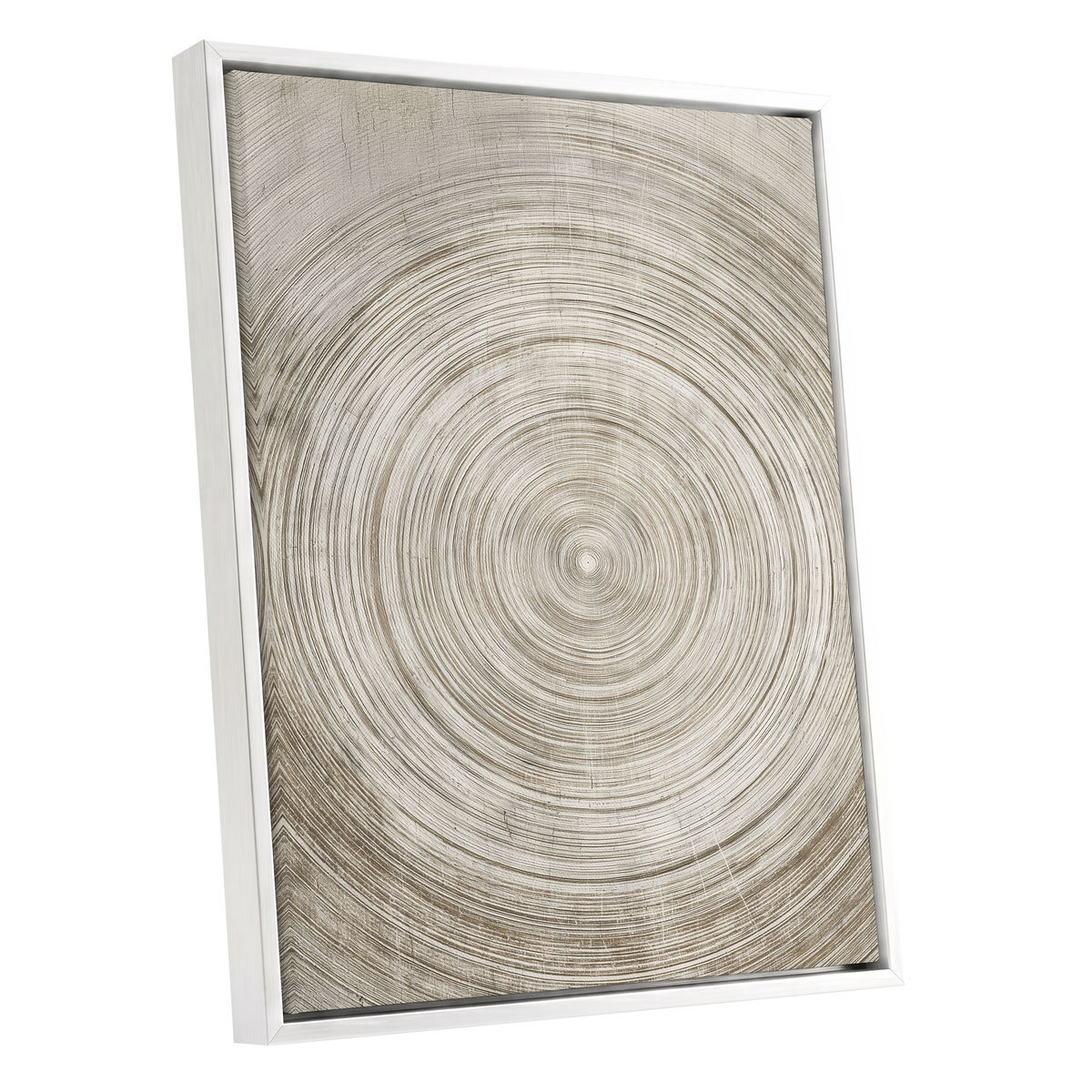 Sepia Pulse, beige, brown, white minimalist wall art shown as a white framed canvas wall art