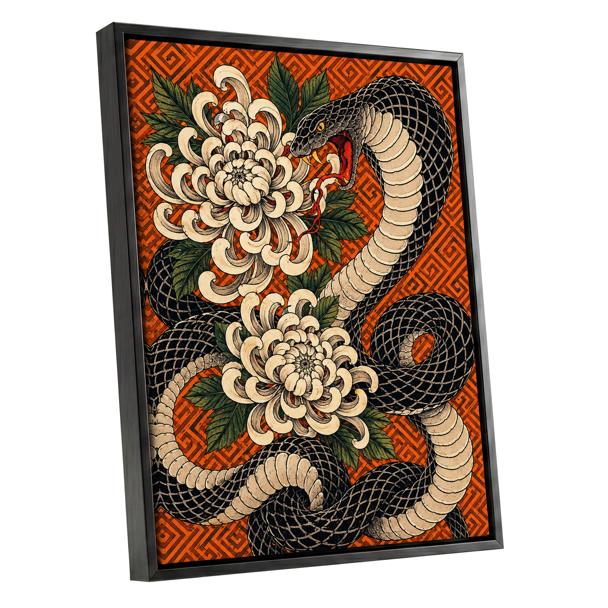 Serpent in Bloom, black, beige, green nature wall art shown as a black framed canvas wall art