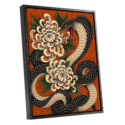 Serpent in Bloom, black, beige, green nature wall art shown as a black framed canvas wall art