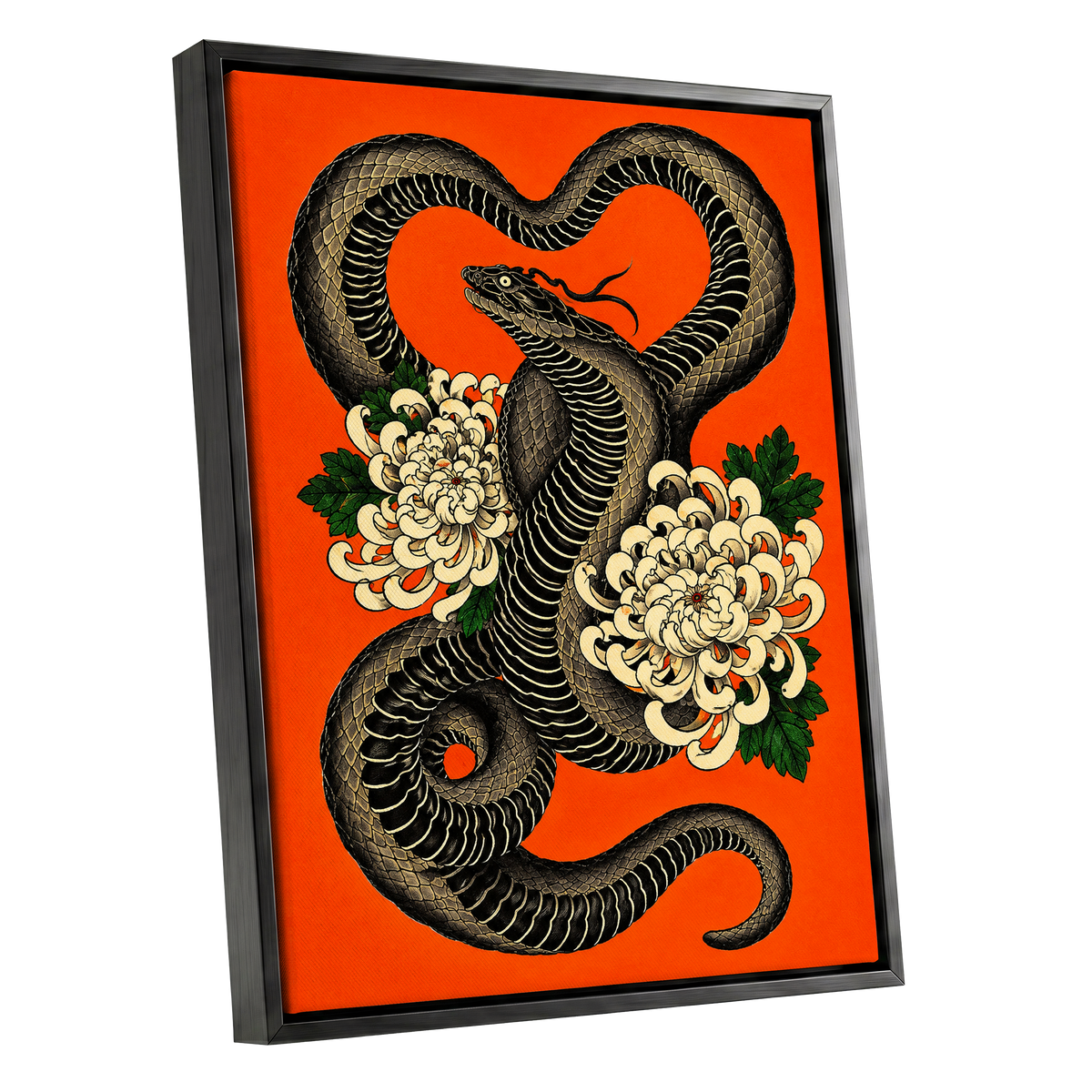 Serpent in Bloom, black, orange, beige nature wall art shown as a black framed canvas wall art