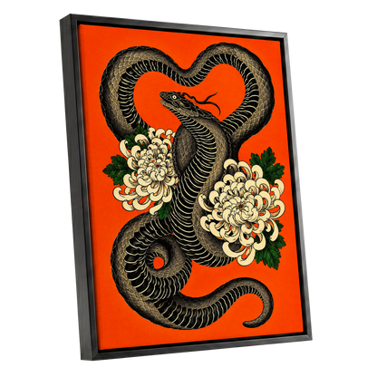 Serpent in Bloom, black, orange, beige nature wall art shown as a black framed canvas wall art