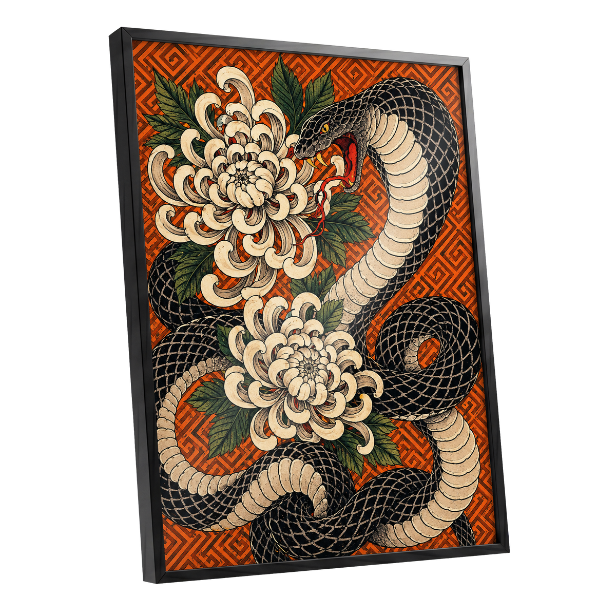 Serpent in Bloom, black, beige, green nature wall art shown as a black framed poster wall art print