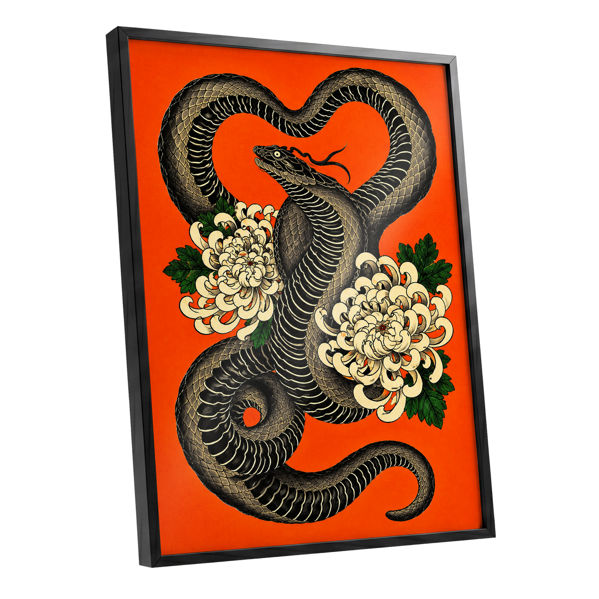 Serpent in Bloom, black, orange, beige nature wall art shown as a black framed poster wall art print