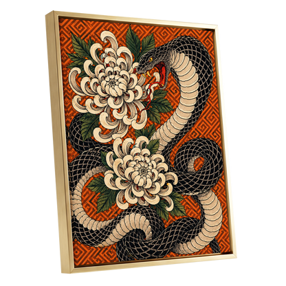 Serpent in Bloom, black, beige, green nature wall art shown as a gold framed canvas wall art