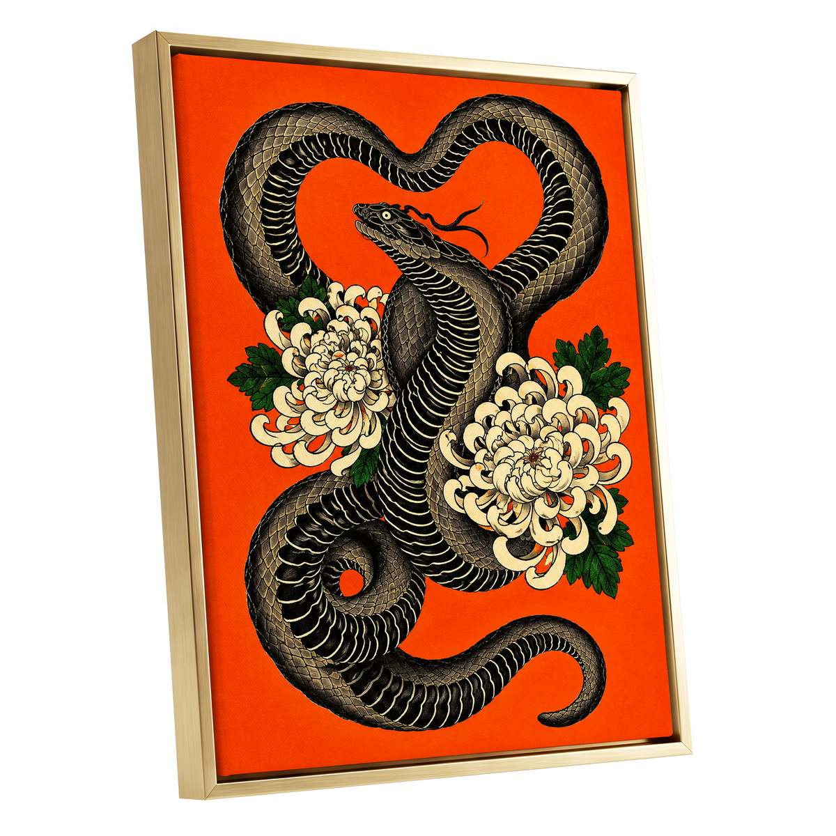 Serpent in Bloom, black, orange, beige nature wall art shown as a gold framed canvas wall art