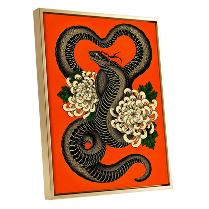 Serpent in Bloom, black, orange, beige nature wall art shown as a gold framed canvas wall art