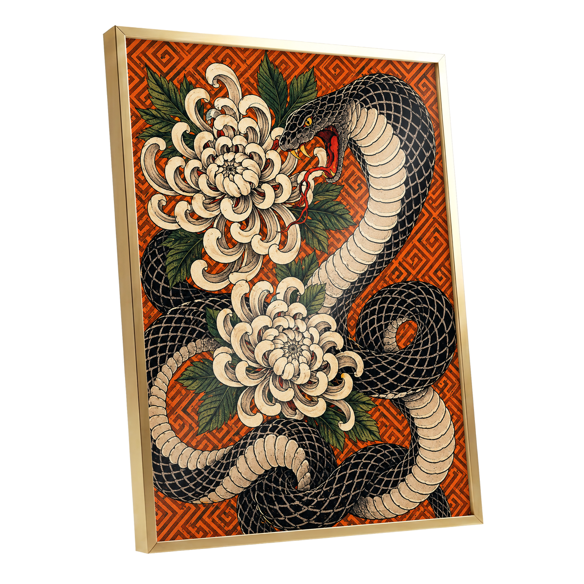 Serpent in Bloom, black, beige, green nature wall art shown as a gold framed poster wall art print
