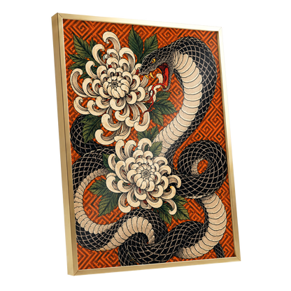 Serpent in Bloom, black, beige, green nature wall art shown as a gold framed poster wall art print
