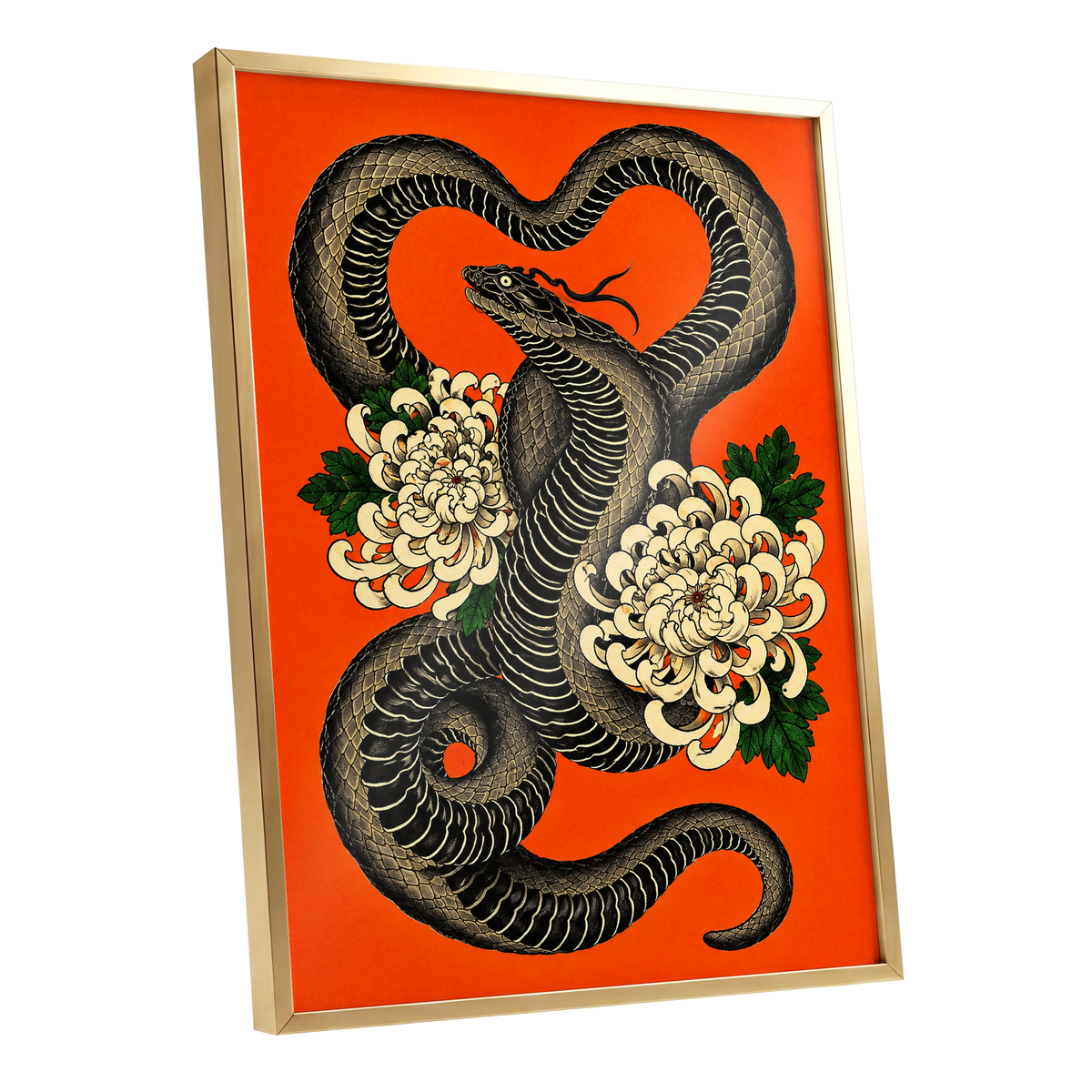 Serpent in Bloom, black, orange, beige nature wall art shown as a gold framed poster wall art print
