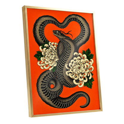 Serpent in Bloom, black, orange, beige nature wall art shown as a gold framed poster wall art print