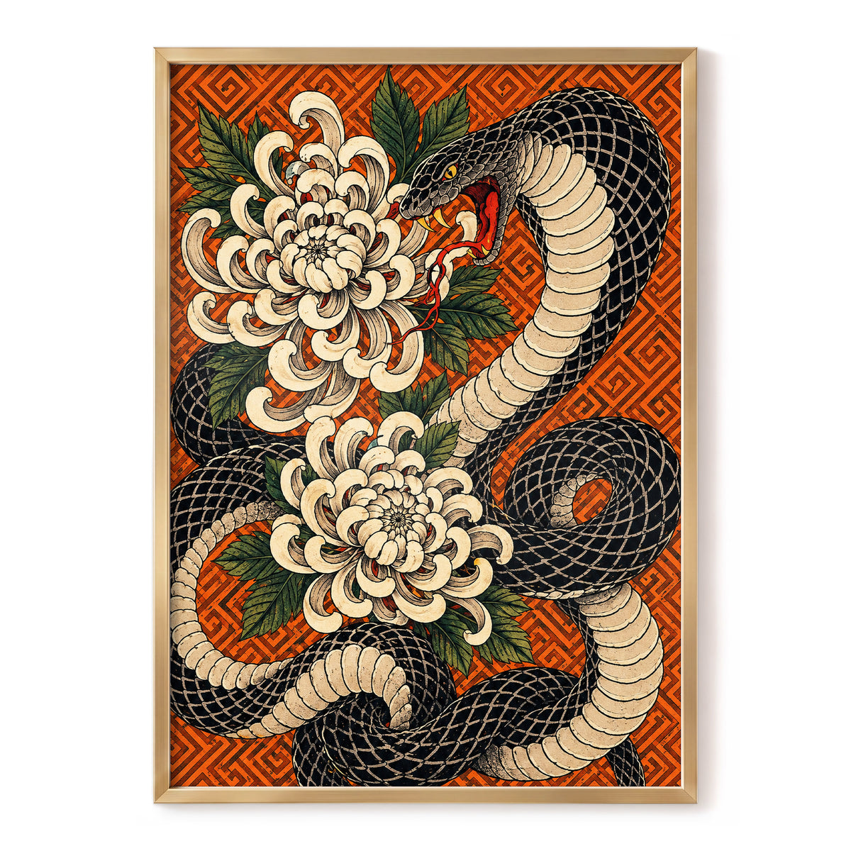 Serpent in Bloom, black, beige, green nature wall art, front artwork view