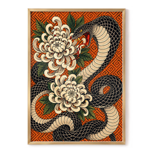 Serpent in Bloom, black, beige, green nature wall art, front artwork view