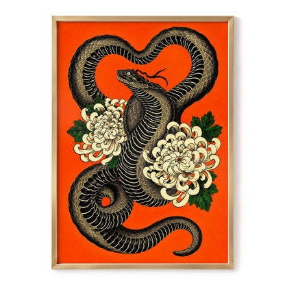Serpent in Bloom, black, orange, beige nature wall art, front artwork view