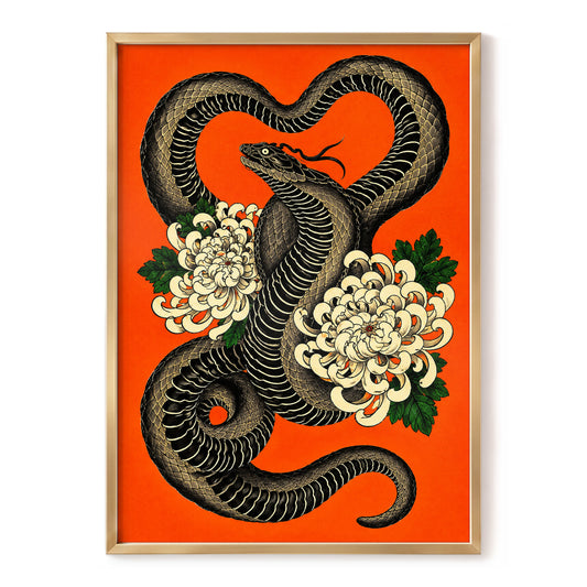 Serpent in Bloom, black, orange, beige nature wall art, front artwork view