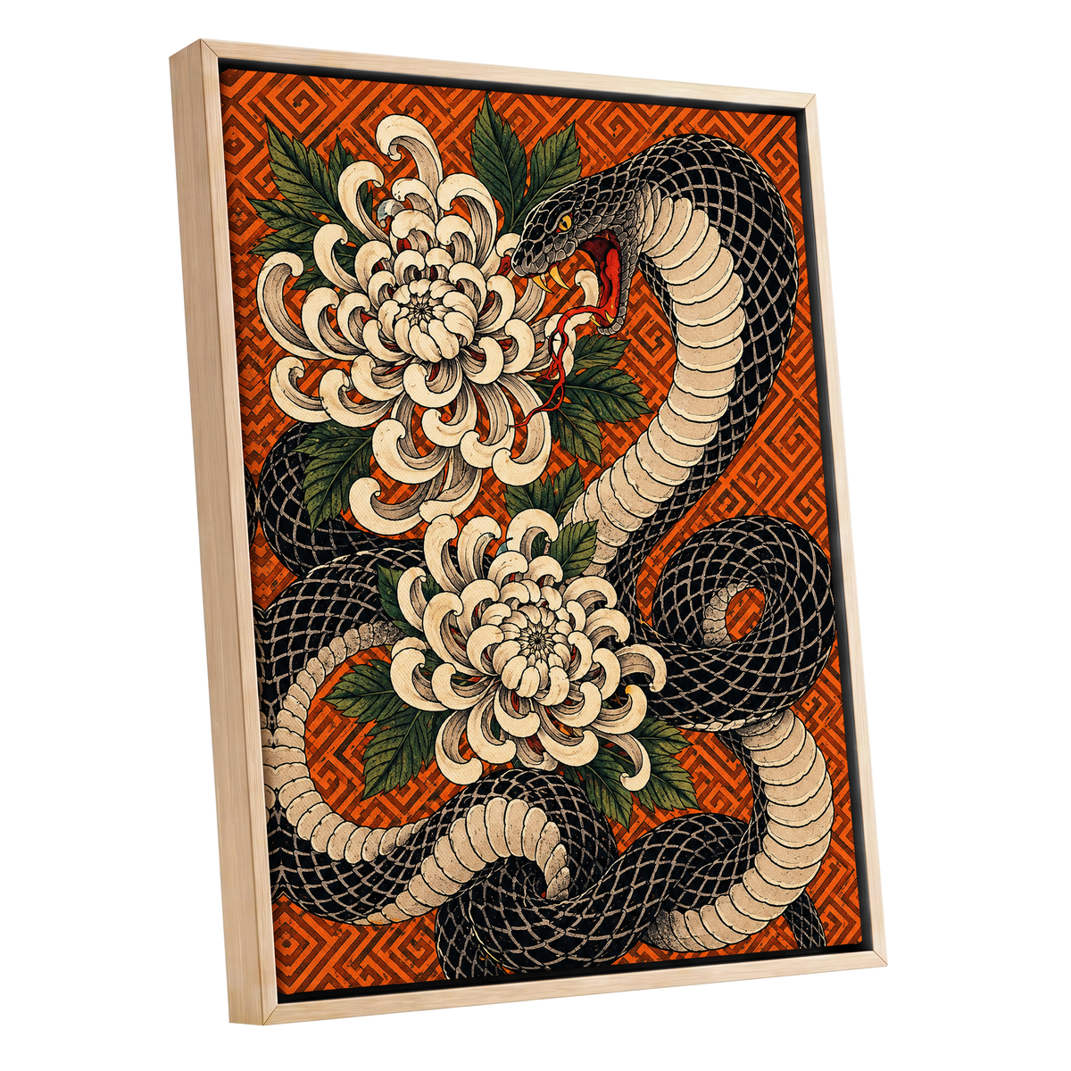 Serpent in Bloom, black, beige, green nature wall art shown as a oak framed canvas wall art